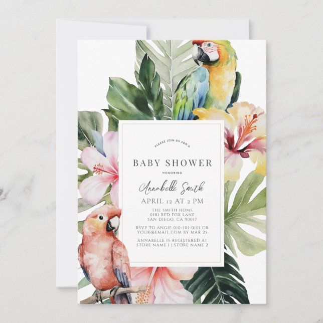 Tropical Floral Botanical Parrot White Baby Shower Invitation (Front)