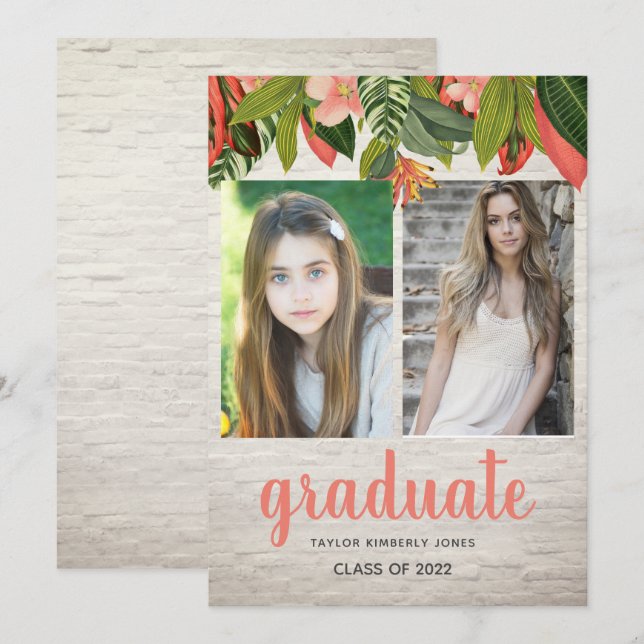Tropical Floral Brick Graduation Photo Invitation (Front/Back)