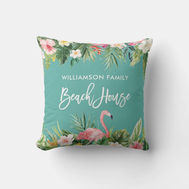 Tropical Floral Brush Script Family Beach House Outdoor Pillow (Front)