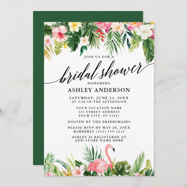 Tropical Floral Calligraphy Bridal Shower Green Invitation (Front/Back)