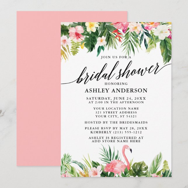 Tropical Floral Calligraphy Bridal Shower Pink Invitation (Front/Back)