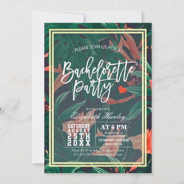 Tropical Floral Chic Gold Frame Bachelorette Party Invitation (Front)