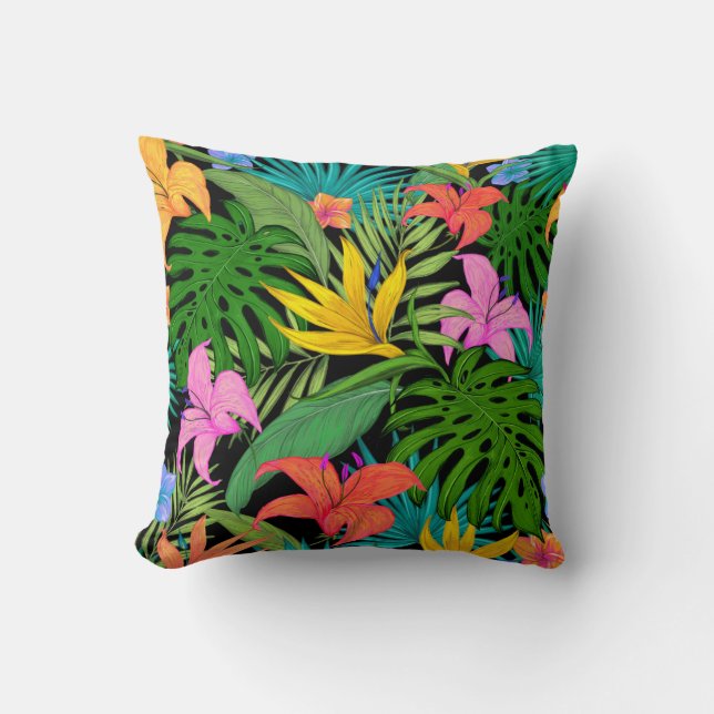 Tropical Floral Colourful Leaves Throw Pillow (Front)