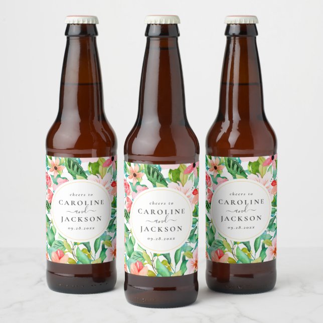 Tropical Floral Custom Wedding Beer Bottle Label (Bottles)