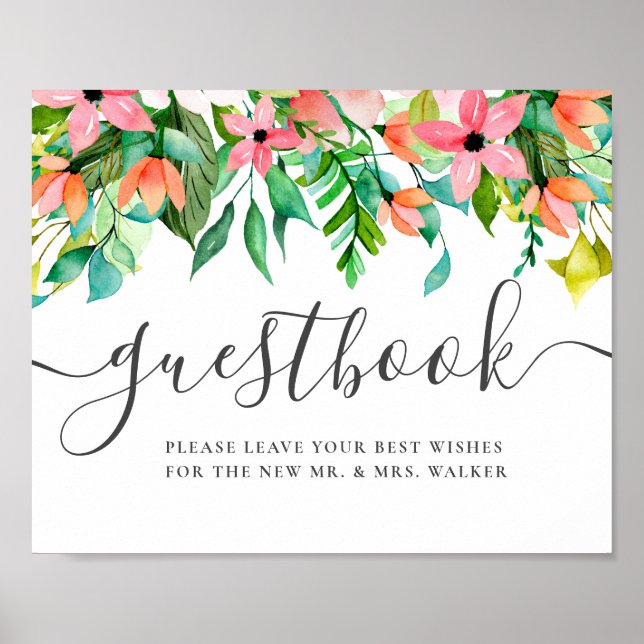Tropical Floral Custom Wedding Sign Guest Book (Front)