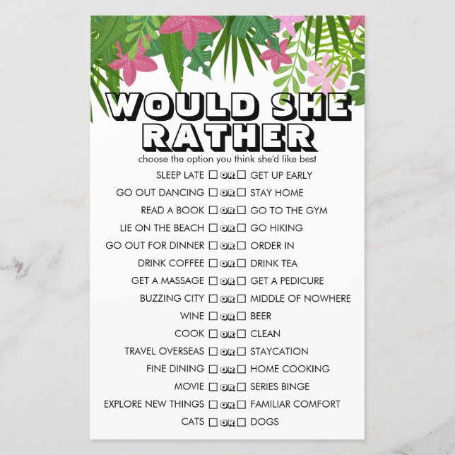 Tropical Floral Customisable Would She Rather Game (Front)