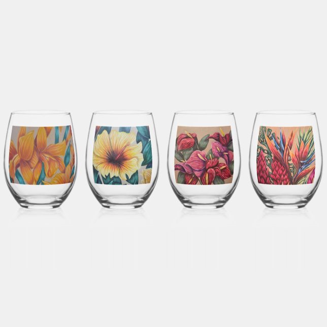 Tropical floral drinking glass set (Front)