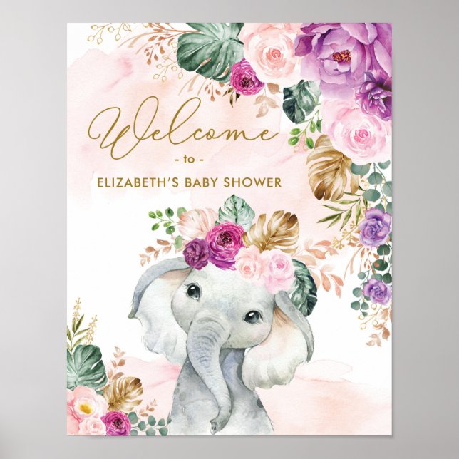 Tropical Floral Elephant Baby Shower Welcome Poster (Front)