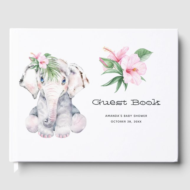 Tropical Floral Elephant Girl Baby Shower Guest Book (Front)
