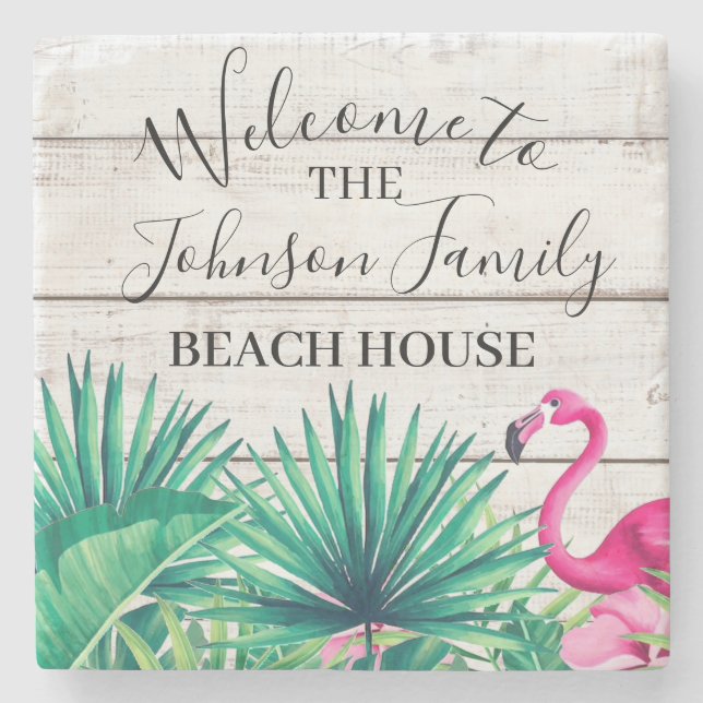 Tropical Floral Family Name Beach House  welcome   Stone Coaster (Front)