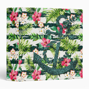 Tropical Floral Faux Glitter Anchor Nautical Binder