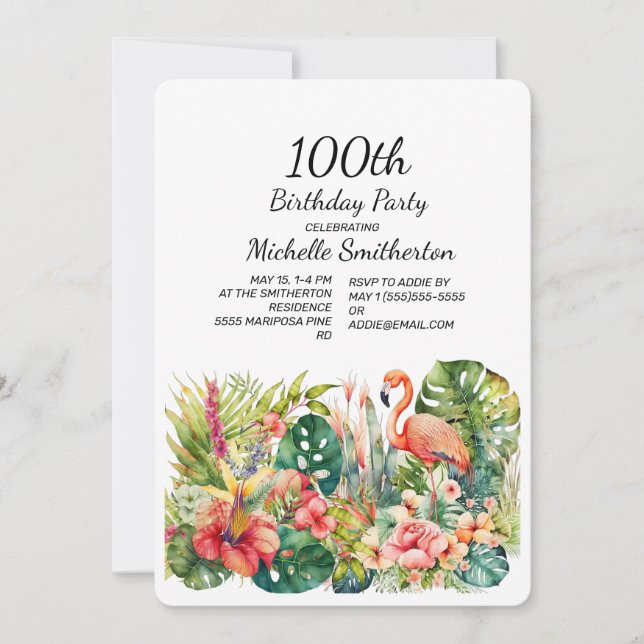 Tropical Floral Flamingo 100th Birthday  Invitation (Front)