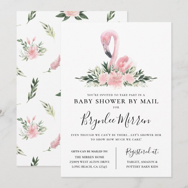 Tropical Floral Flamingo Baby Shower By Mail Invitation (Front/Back)