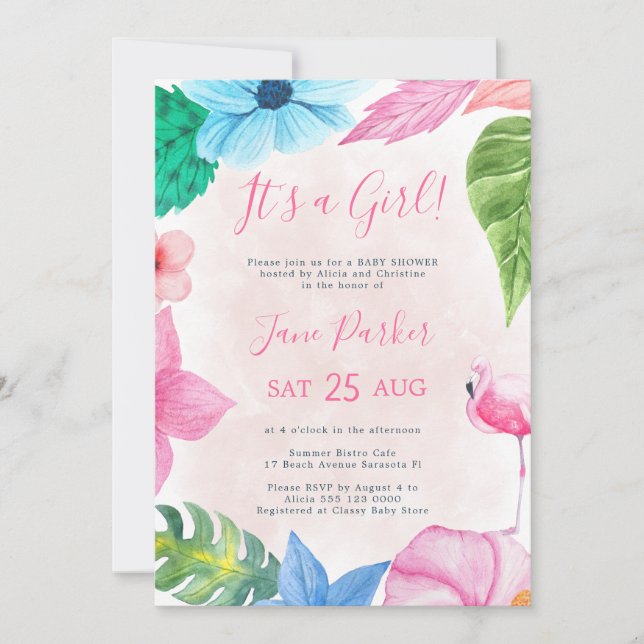 Tropical floral flamingo baby shower invitation (Front)