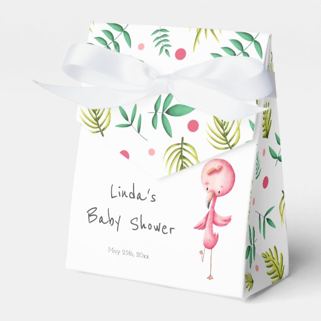 Tropical Floral Flamingo Baby Shower Personalized Favor Box (Front Side)