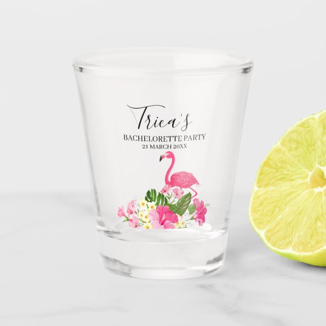 Tropical Floral Flamingo Bachelorette Party  Shot Glass (Front)