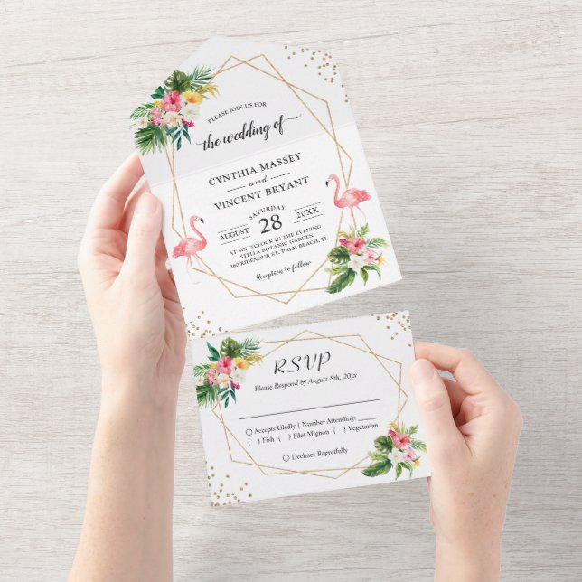Tropical Floral Flamingo Geometric Summer Wedding All In One Invitation (Tearaway)