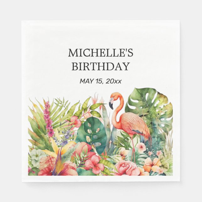 Tropical Floral Flamingo Happy Birthday Name Napkin (Front)