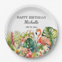 Tropical Floral Flamingo Happy Birthday Name