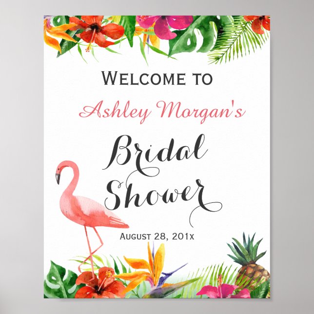 Tropical Floral Flamingo Luau Bridal Shower Sign (Front)