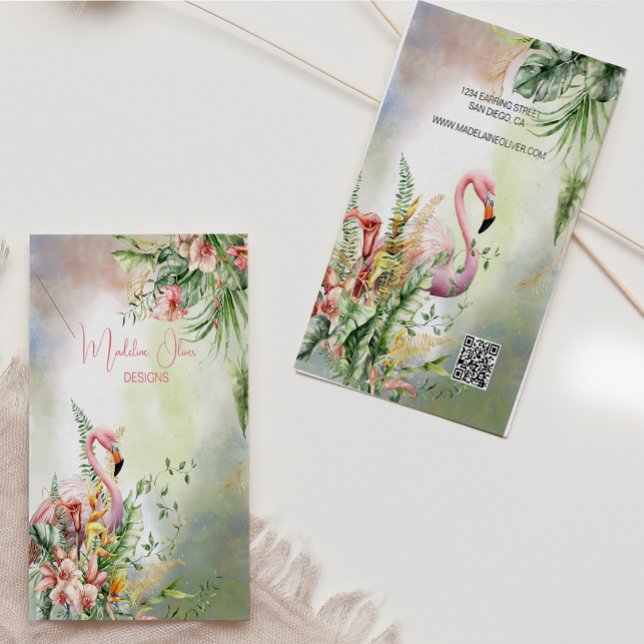  Tropical Floral Flamingo QR Code Display Business Card (Creator Uploaded)