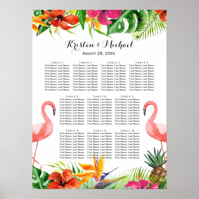 Tropical Floral Flamingo Wedding Seating Chart (Front)