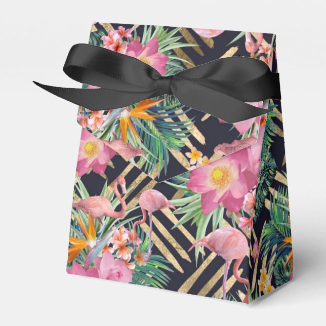 tropical floral flamingos and gold strokes favor box (Front Side)