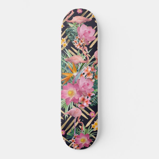 Tropical floral, flamingos and gold strokes skateboard (Front)