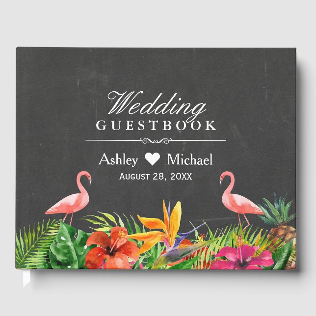 Tropical Floral Flamingos Chalkboard Wedding Guest Book (Front)