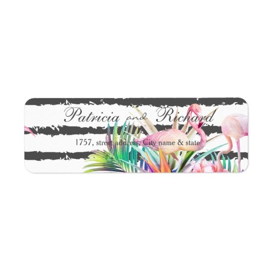 Tropical floral flamingos stripes wedding design return address label