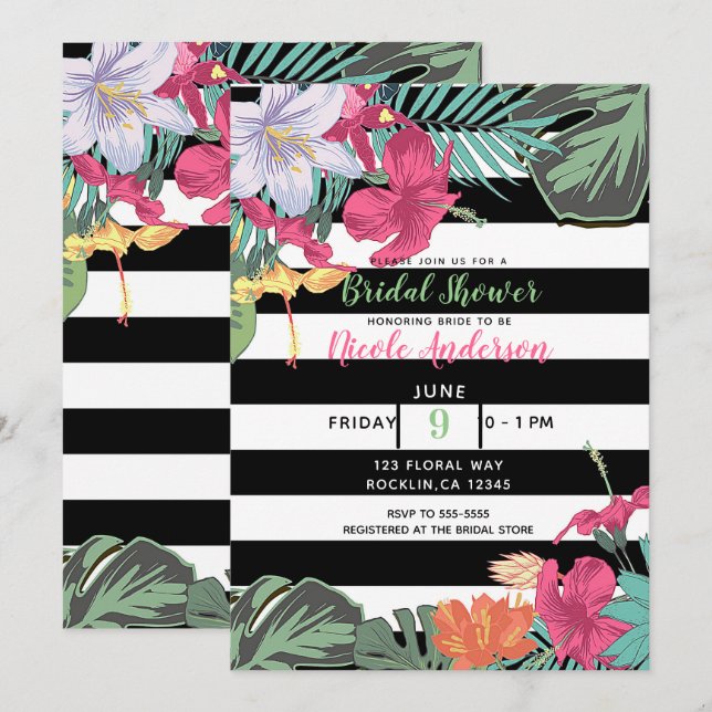 Tropical Floral Flowers Leaves Black White Stripes Invitation (Front/Back)