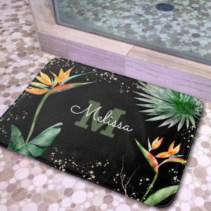 Tropical Floral Foliage Monogram Script Gold Black Bath Mat