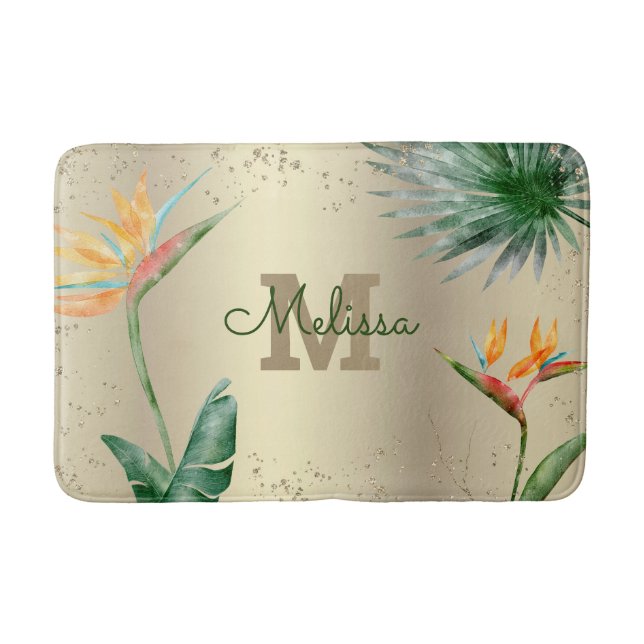 Tropical Floral Foliage Monogram Script Gold Foil  Bath Mat (Front)