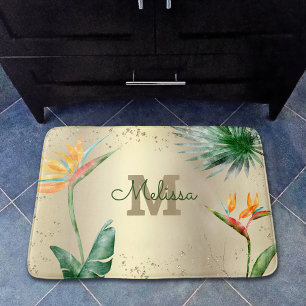 Tropical Floral Foliage Monogram Script Gold Foil Bath Mat