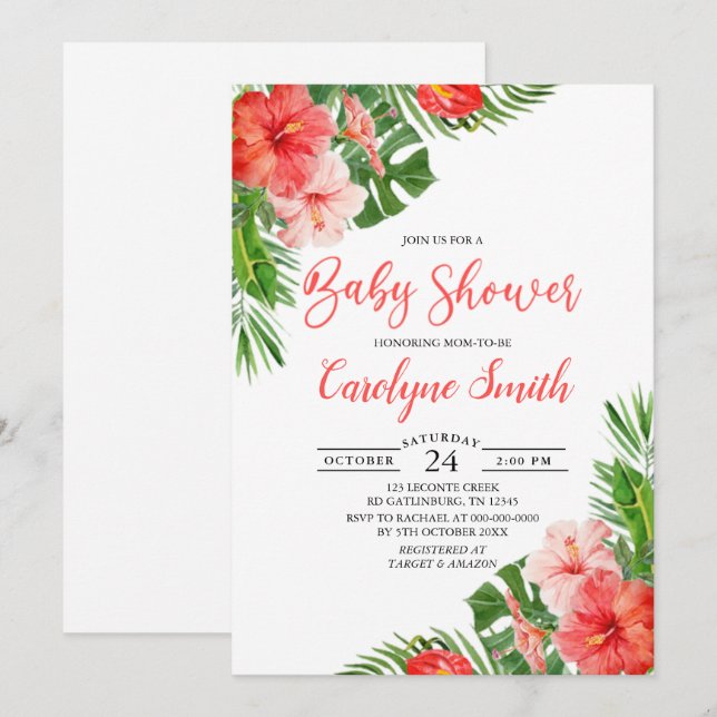 Tropical Floral Frame Watercolor Baby Shower Invitation (Front/Back)
