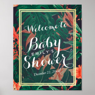 Tropical Floral Gold Frame Baby Shower Welcome Poster