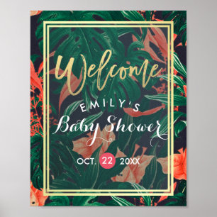 Tropical Floral Gold Frame Baby Shower Welcome Poster