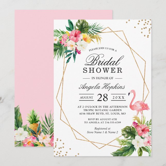 Tropical Floral Gold Frame Flamingo Bridal Shower Invitation (Front/Back)