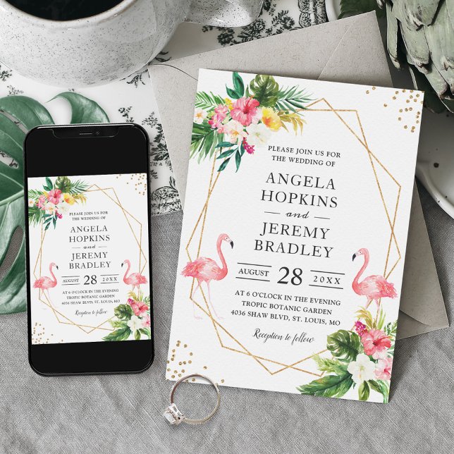 Tropical Floral Gold Frame Flamingo Summer Wedding Invitation (Creator Uploaded)