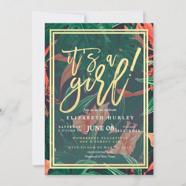 Tropical Floral Gold Frame Hawaiian Baby Shower Invitation (Front)