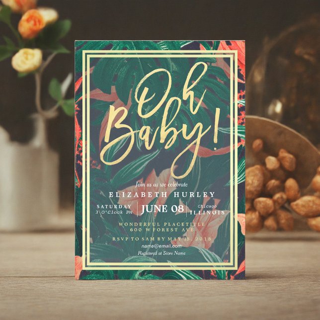 Tropical Floral Gold Frame Hawaiian Baby Shower Invitation (Creator Uploaded)