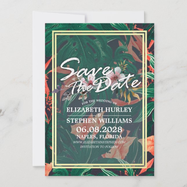 Tropical Floral & Gold Frame Wedding Save The Date (Front)