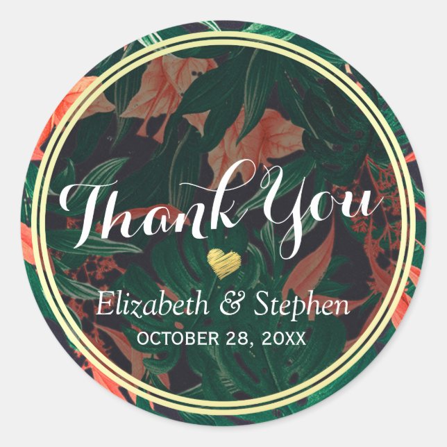 Tropical Floral Gold Frame Wedding Thank You Favou Classic Round Sticker (Front)