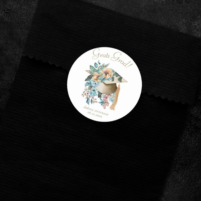 Tropical Floral Graduation Hat and Tassel Party Classic Round Sticker (Creator Uploaded)