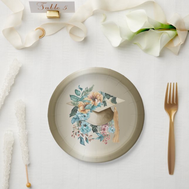 Tropical Floral Graduation Hat and Tassel Party Paper Plate (Wedding)