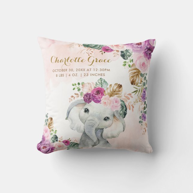 Tropical Floral Greenery Elephant Baby Birth Stats Throw Pillow (Front)