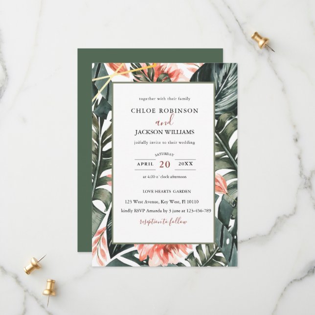 Tropical Floral Greenery Wedding invitation (Front/Back In Situ)