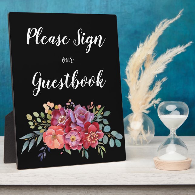 Tropical Floral Guestbook Sign w Easel- Black Plaque (Side)