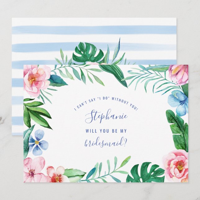 Tropical Floral Hawaii Peony Pink Green Bridesmaid Invitation (Front/Back)