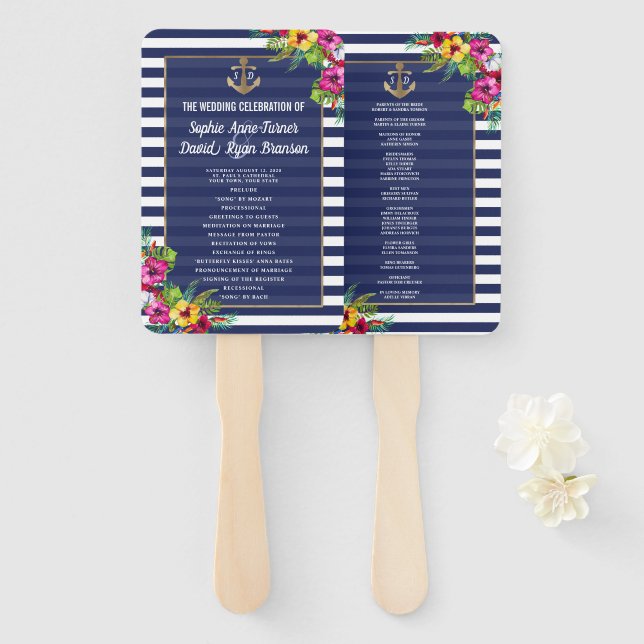 Tropical Floral Hawaiian Navy Blue Stripes Program Hand Fan (Front and Back)